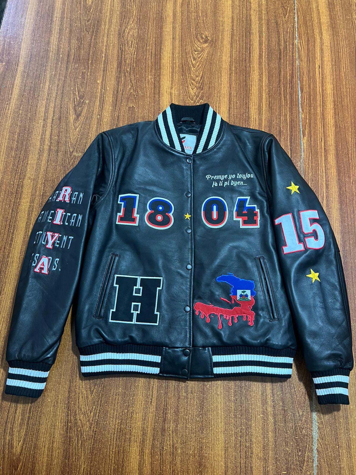 Custom Haitian heritage leather bomber jacket front